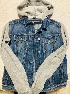 Express Jeans Blue Denim Jacket with Gray Knit Hood Hoodie attached sz S small